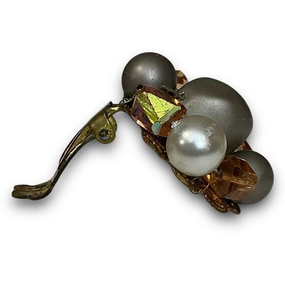 Vintage Classy Gold Toned Brown Garnet Burnt Orange Beaded Grey & Pearl Crystal - Picture 4 of 9